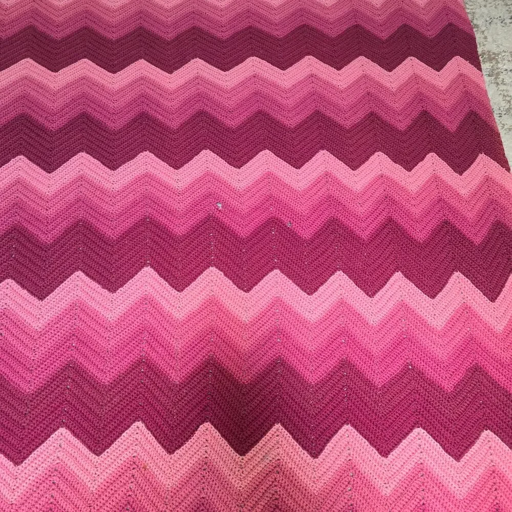 Vintage Crochet Afghan Blanket 88x64 Pink Burgundy Chevron Handmade Throw